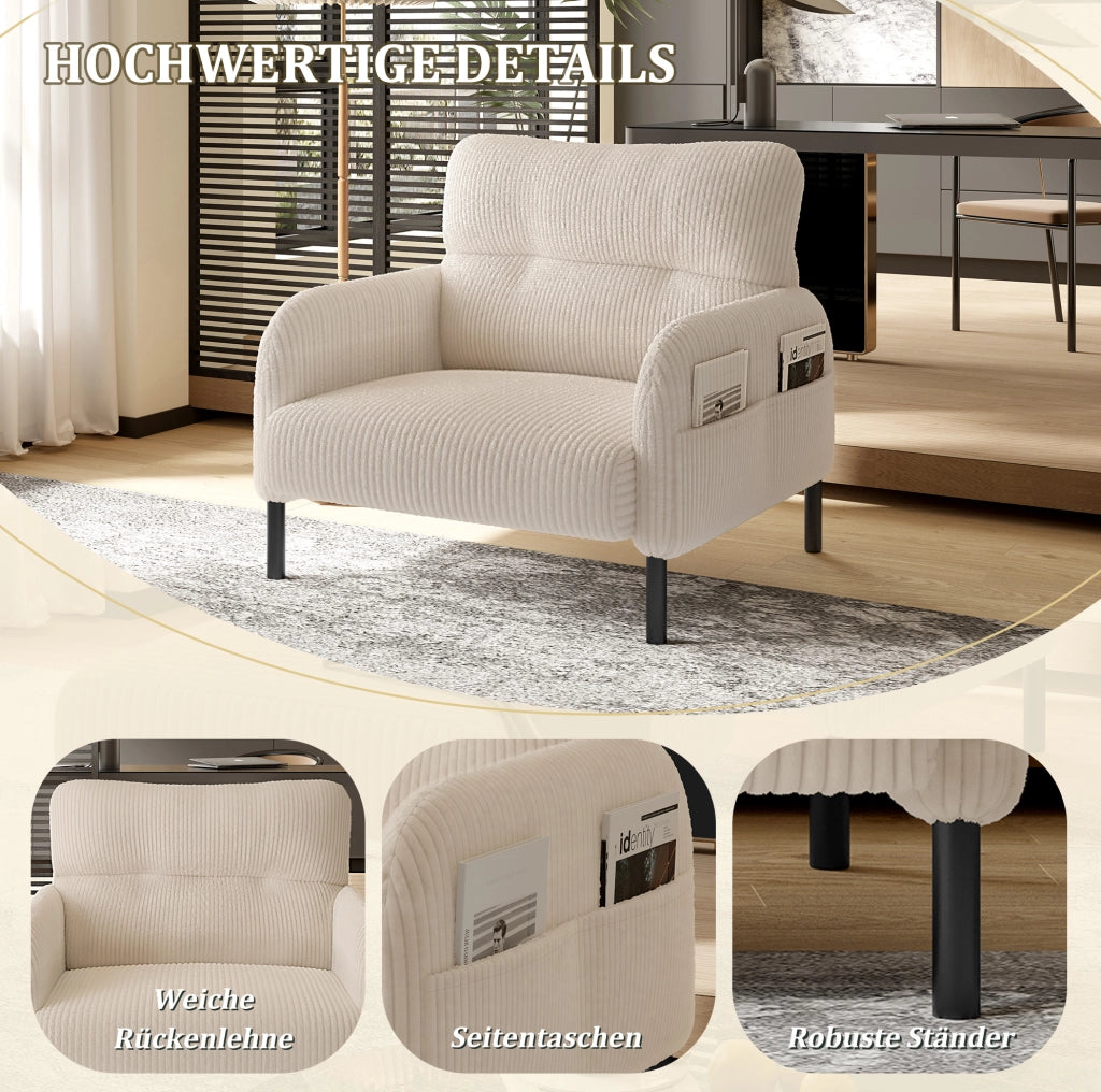 Poltrona singola beige in velluto a coste con tasca laterale