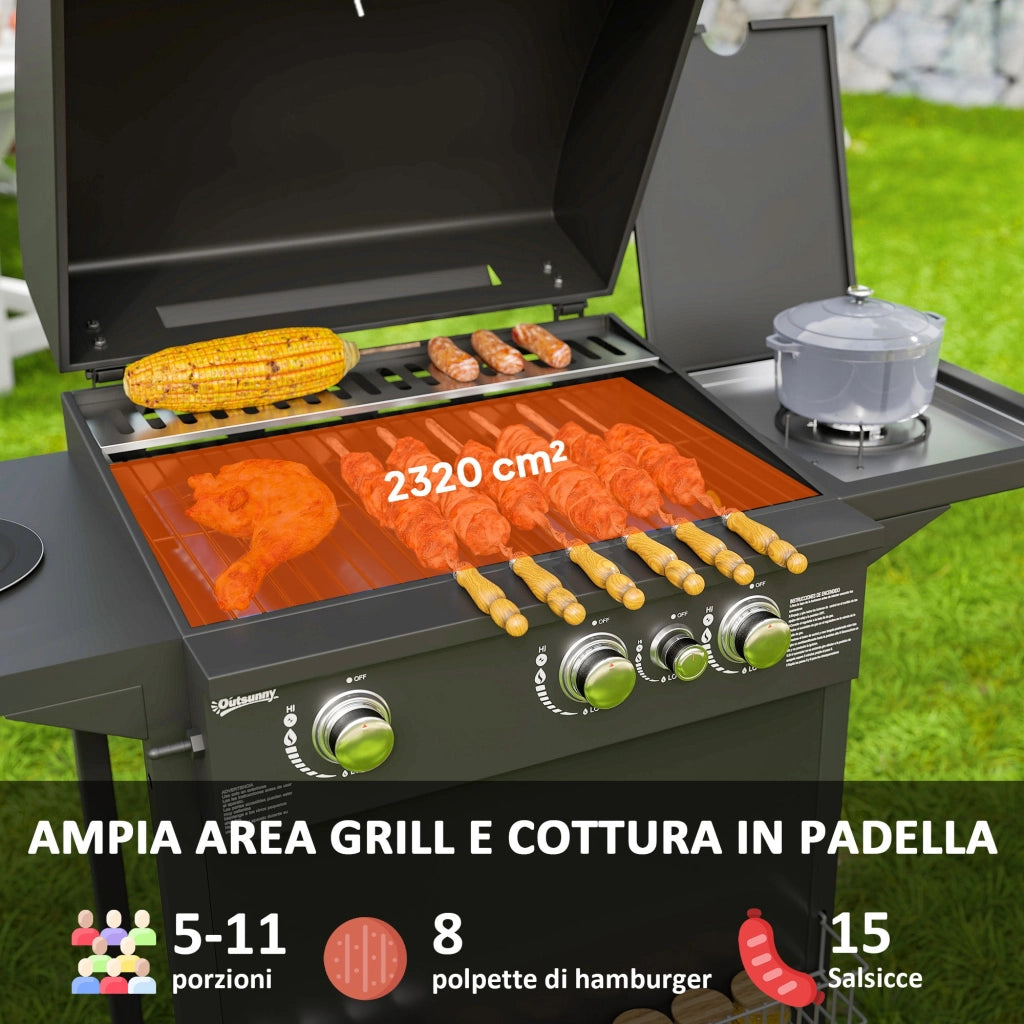 Barbecue a Gas con Bruciatori Indipendenti Coperchio con Termometro e Tavolino Laterale Nero