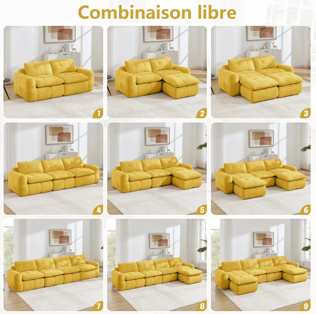 Divano modulare a 2 posti a forma di L in Chenille giallo senza struttura con pouf, ideale per soggiorni e appartamenti