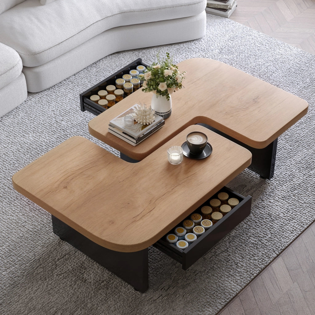 Tavolino da caffè con LED; 2 cassetti e 2 tavolini combinabili 90 x 60 x 44;5 cm; MDF naturale e nero
