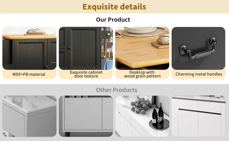 Isola Cucina con Carrello Estraibile su Ruote, 120x73(45)x93 cm, Bianco/Nero, 2 Ante, 5 Cassetti, Mensole Regolabili, Portasalviette e Portaspezie