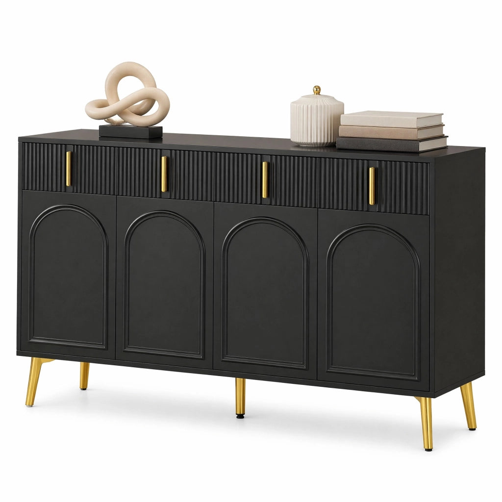 Credenza nera 140 cm con 4 ante, 4 cassetti e dettagli dorati