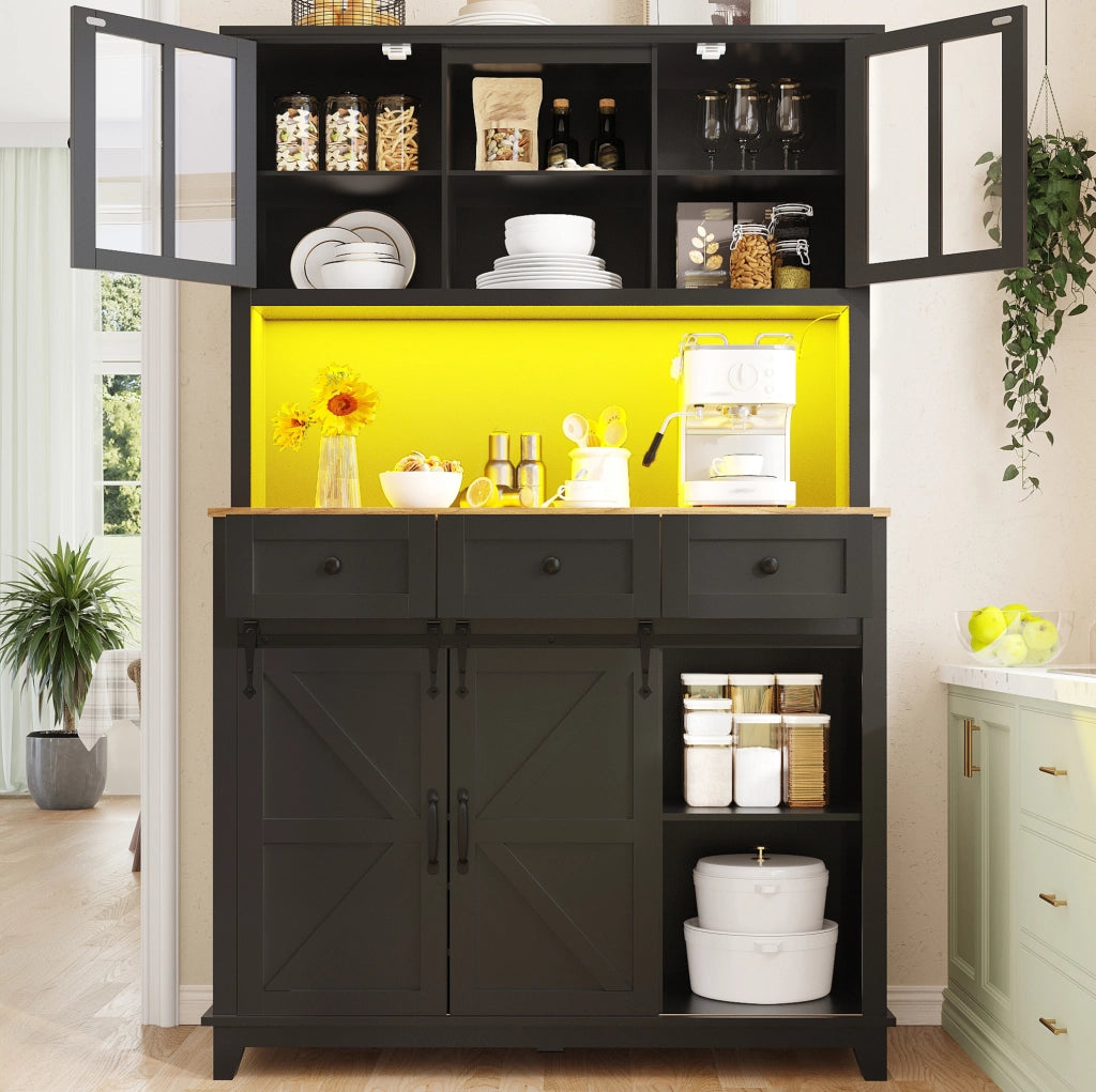 Credenza alta da cucina 105x38,4x180 cm in MDF con LED, ante in vetro e ripiani regolabili