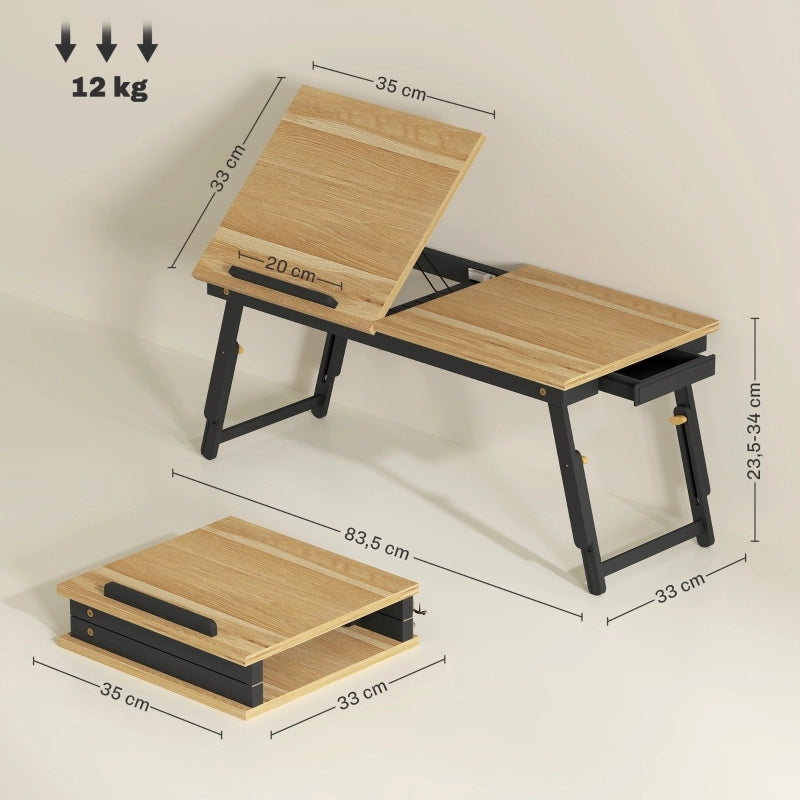Tavolo da letto pieghevole e inclinabile con cassetto in bambù color rovere 83.5 × 33 × 23.5-34 cm