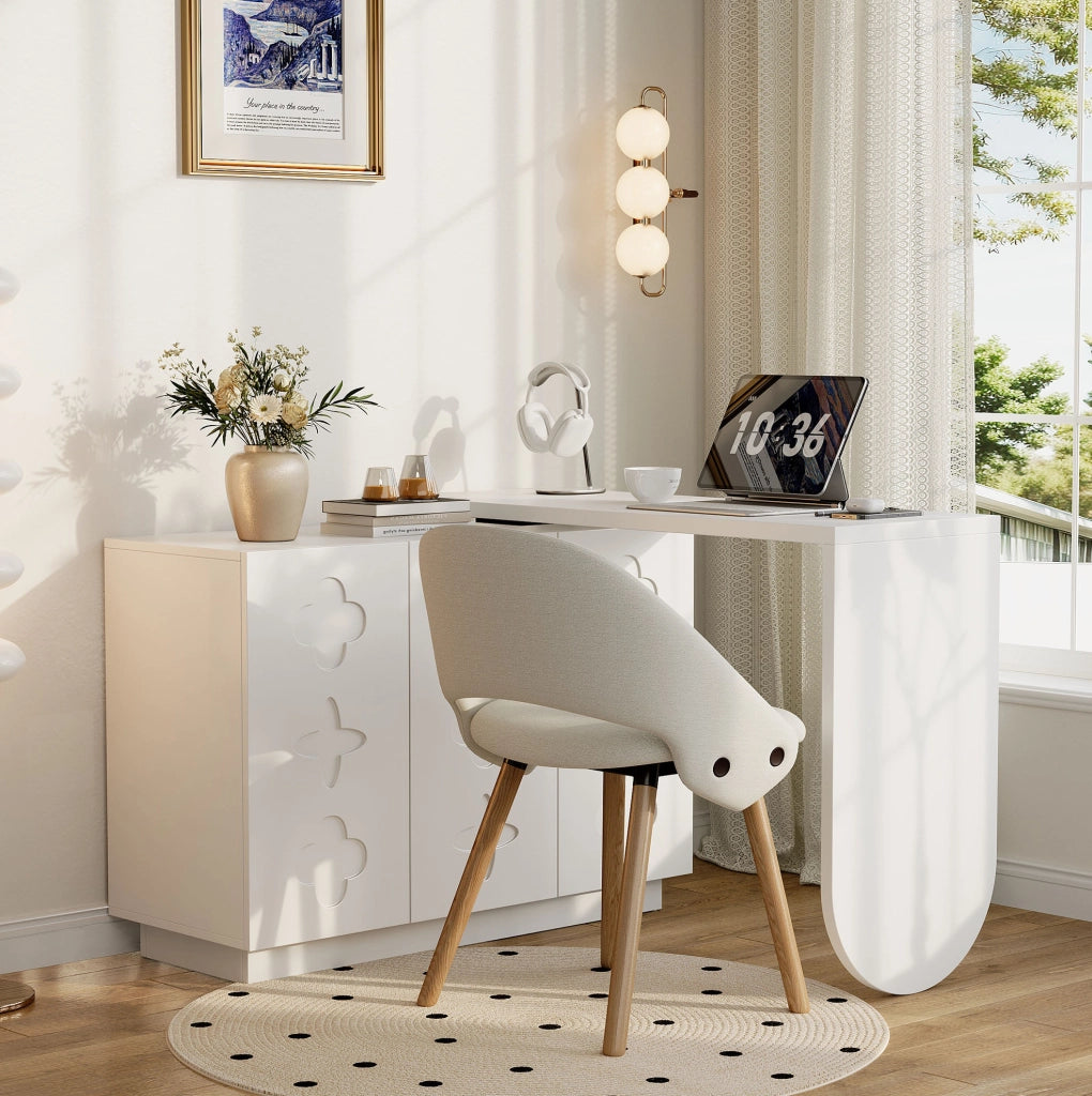 Scrivania angolare girevole 360° con 3 mobili contenitori, MDF, bianco