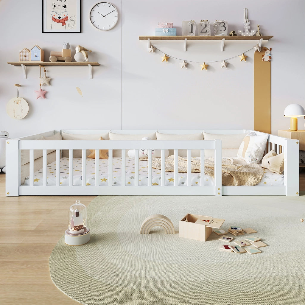 Desviae Letto basso 90 × 200 cm 1 posto con sponde di sicurezza e cuscini, senza materasso, legno massello e MDF, bianco
