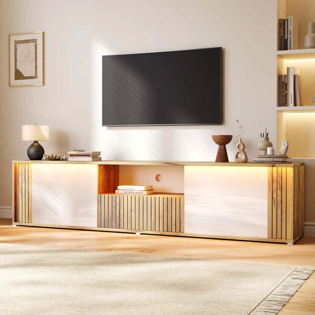 Mobile Porta TV 180 cm per 75 Pollici con Luci LED; Bianco e Legno; 1 Cassetto e 2 Ante