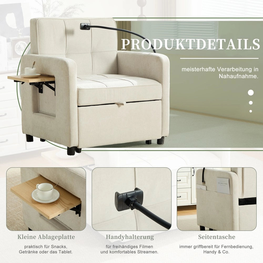 Divano letto singolo ¨C Minimal ¨C tessuto chenille con cuscini e tasche laterali