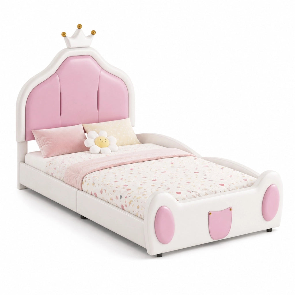 Letto singolo 90 × 200 cm imbottito con testiera a corona in similpelle bianca e rosa con rete a doghe