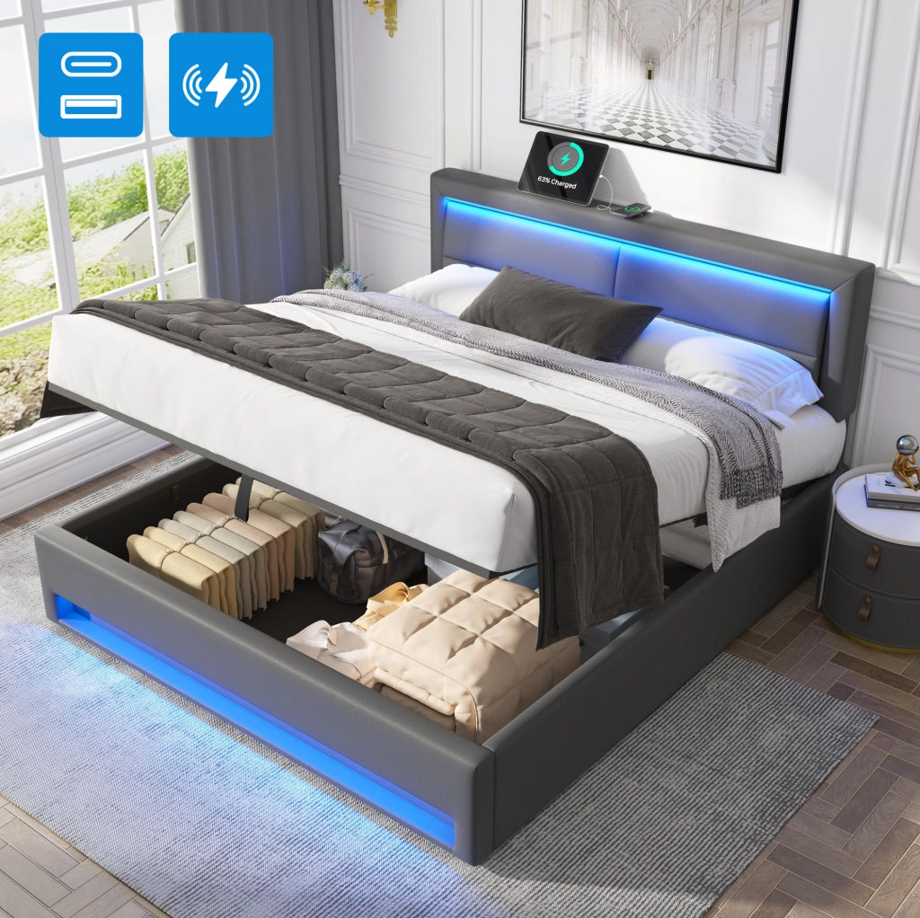 Letto imbottito 140x200 cm in PU grigio con LED e USB
