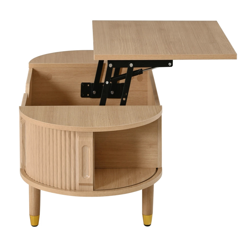 Tavolino da salotto ovale con piano a sollevamento idraulico, MDF e piedi in legno di gomma, ante scorrevoli con motivo rigato
