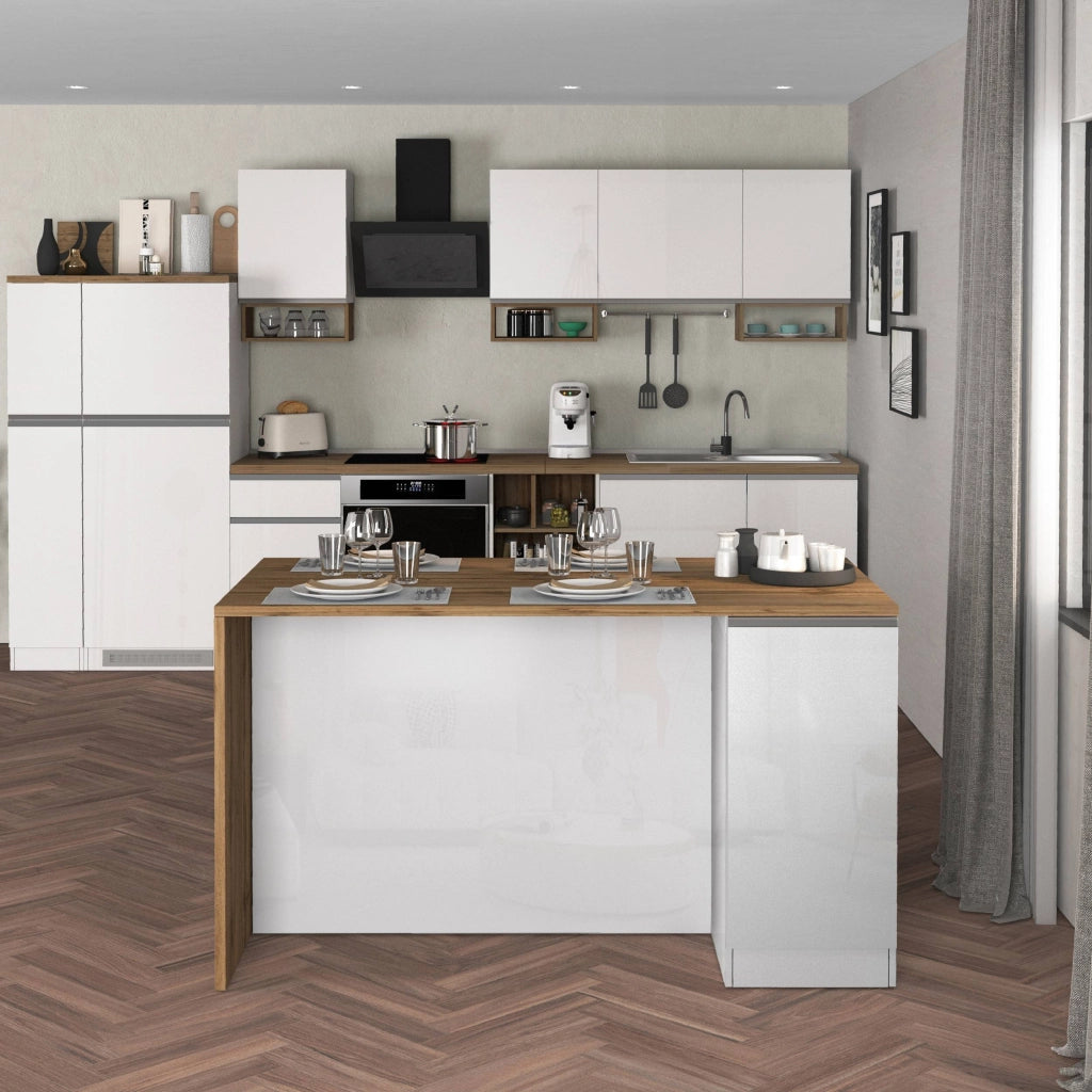 WHOUS Isola da cucina Sole a 2 ante bianco lucido e rovere 160x90x90 cm