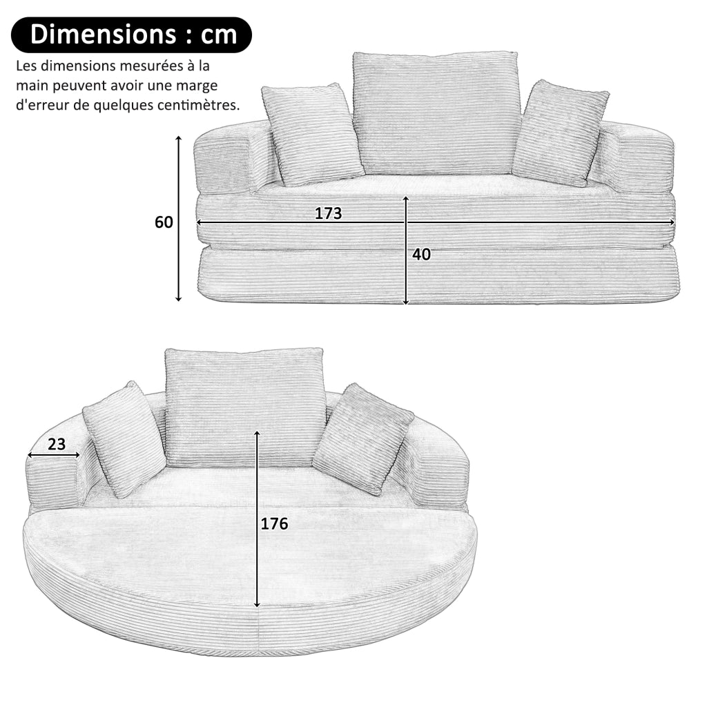 Divano letto pieghevole 2 in 1 ovale 173 x 176 cm in velluto a coste giallo
