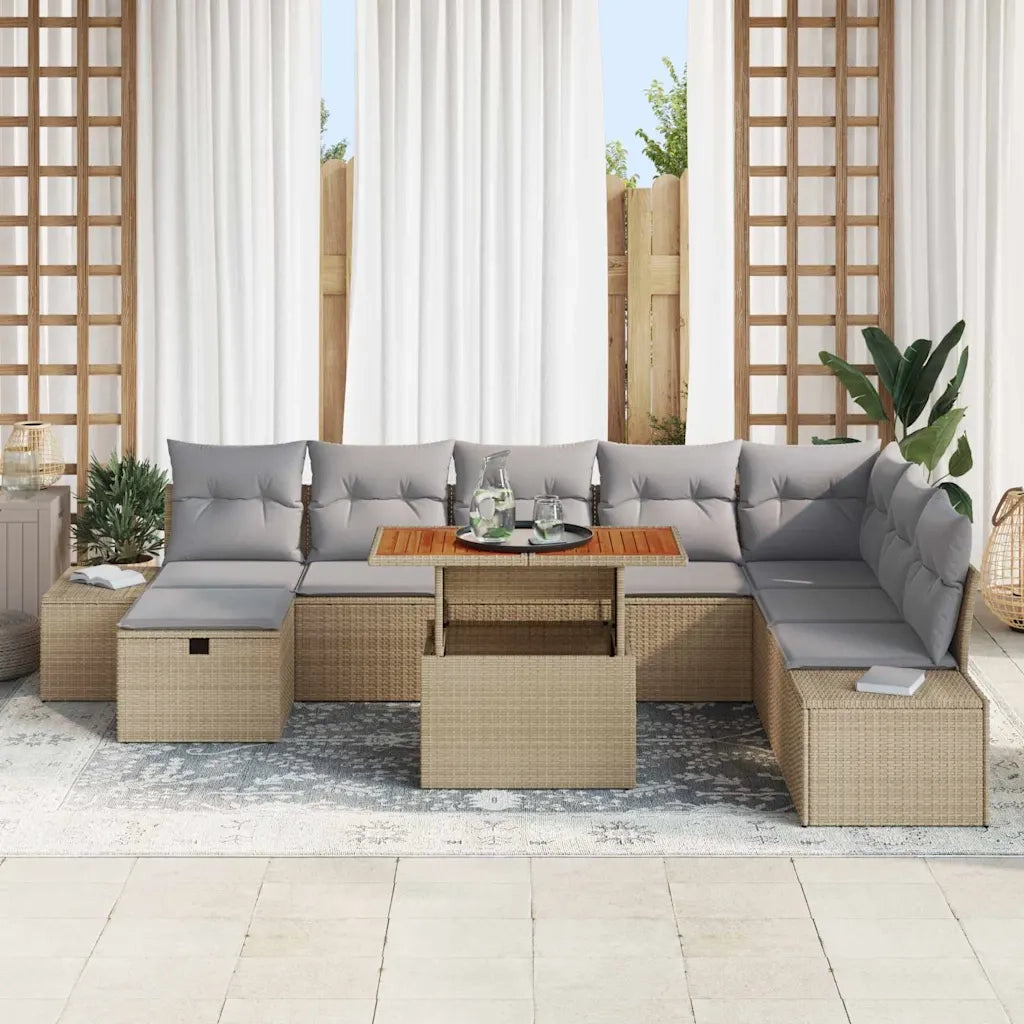 Set Divano da Giardino con cuscino 9 pcs Beige polyrattan
