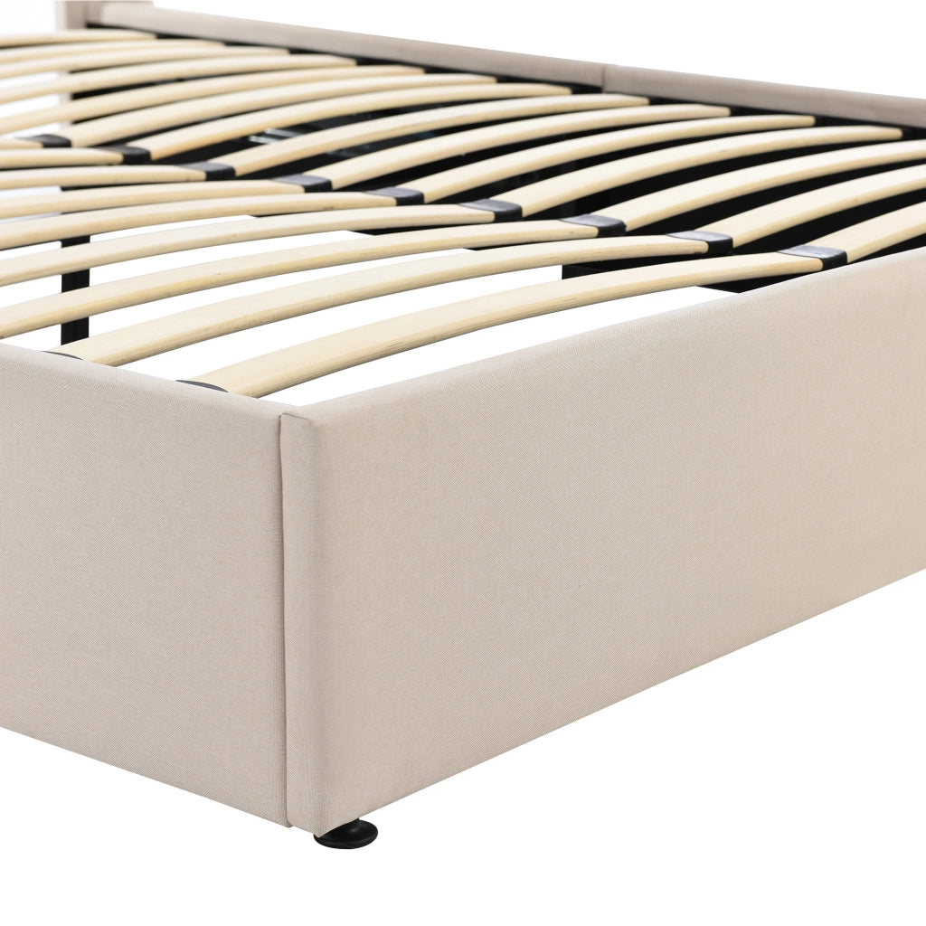 Letto contenitore 160 × 200 cm con sollevamento idraulico; rete a doghe e testiera imbottita in lino beige