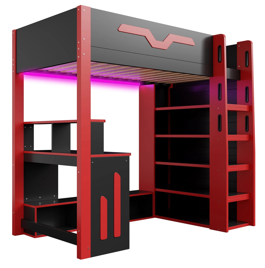 Letto a soppalco 90x200 cm con scrivania; LED e scala contenitore nero e rosso HOMVRA