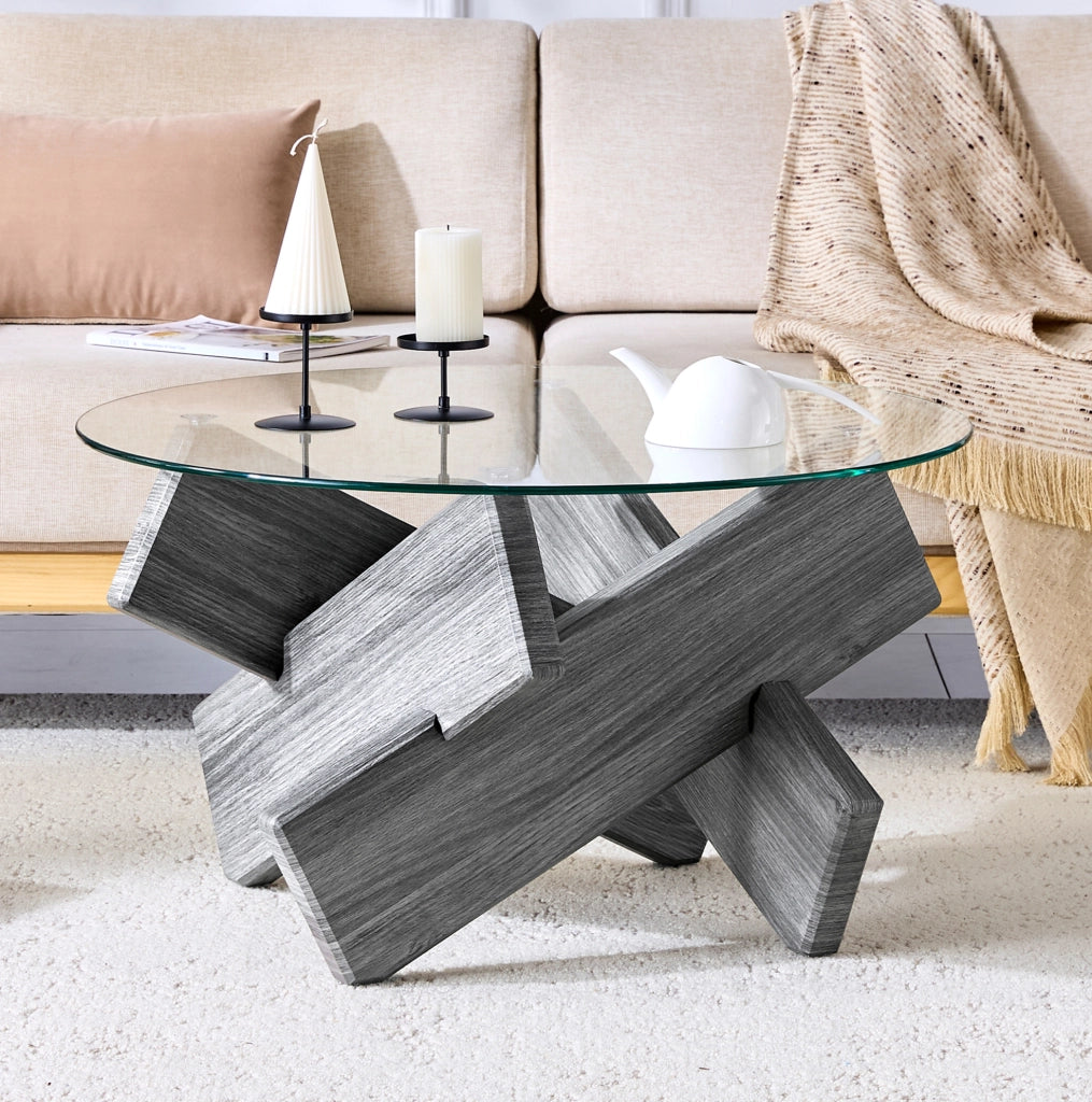 Tavolino rotondo in MDF e vetro temperato grigio, diametro 79 cm, gambe a croce