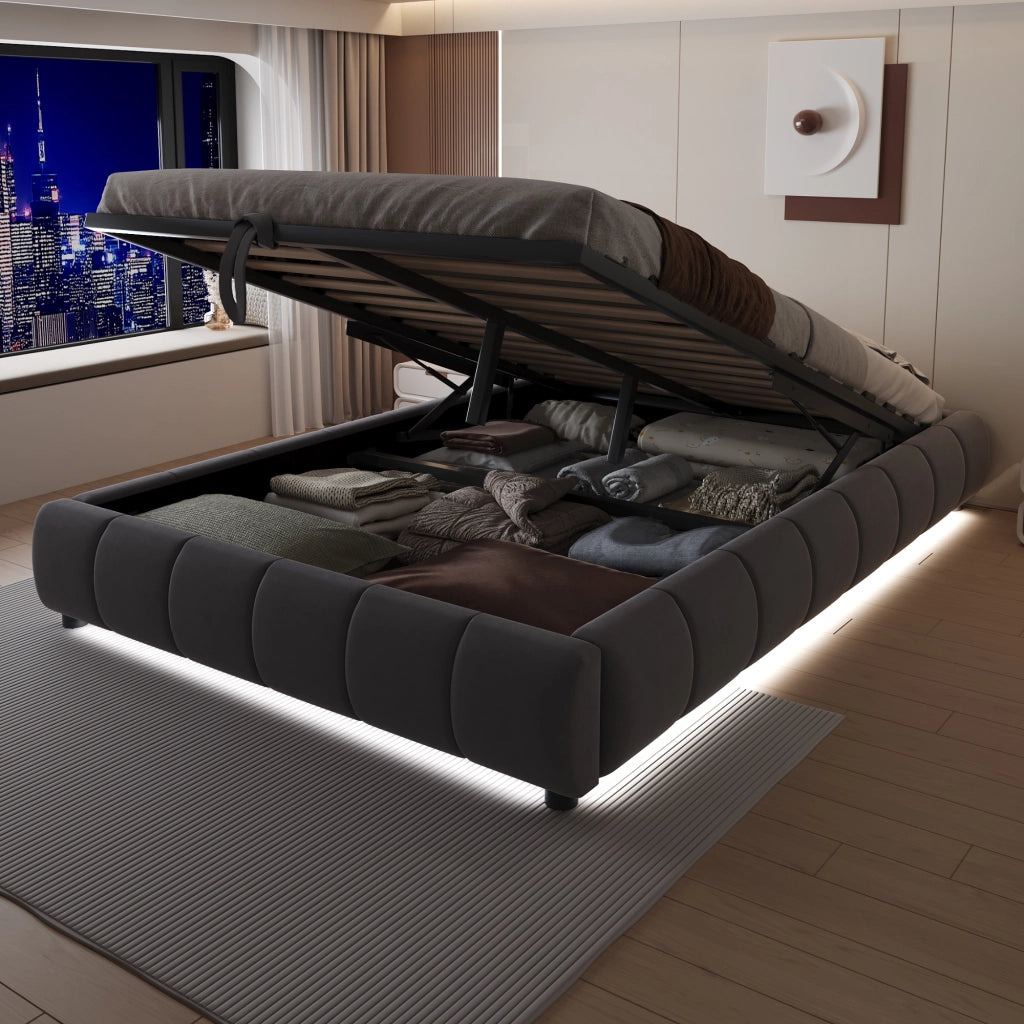 Letto contenitore 140 × 200 cm con sollevamento idraulico LED bianco struttura in velluto grigio