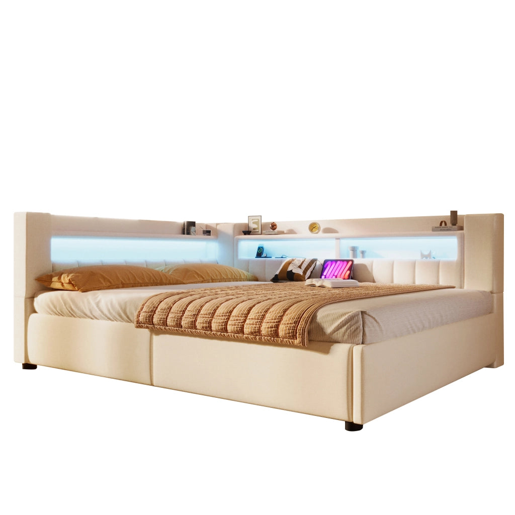 Letto divano contenitore 140x200 cm in lino beige con apertura idraulica; LED; USB e USB-C
