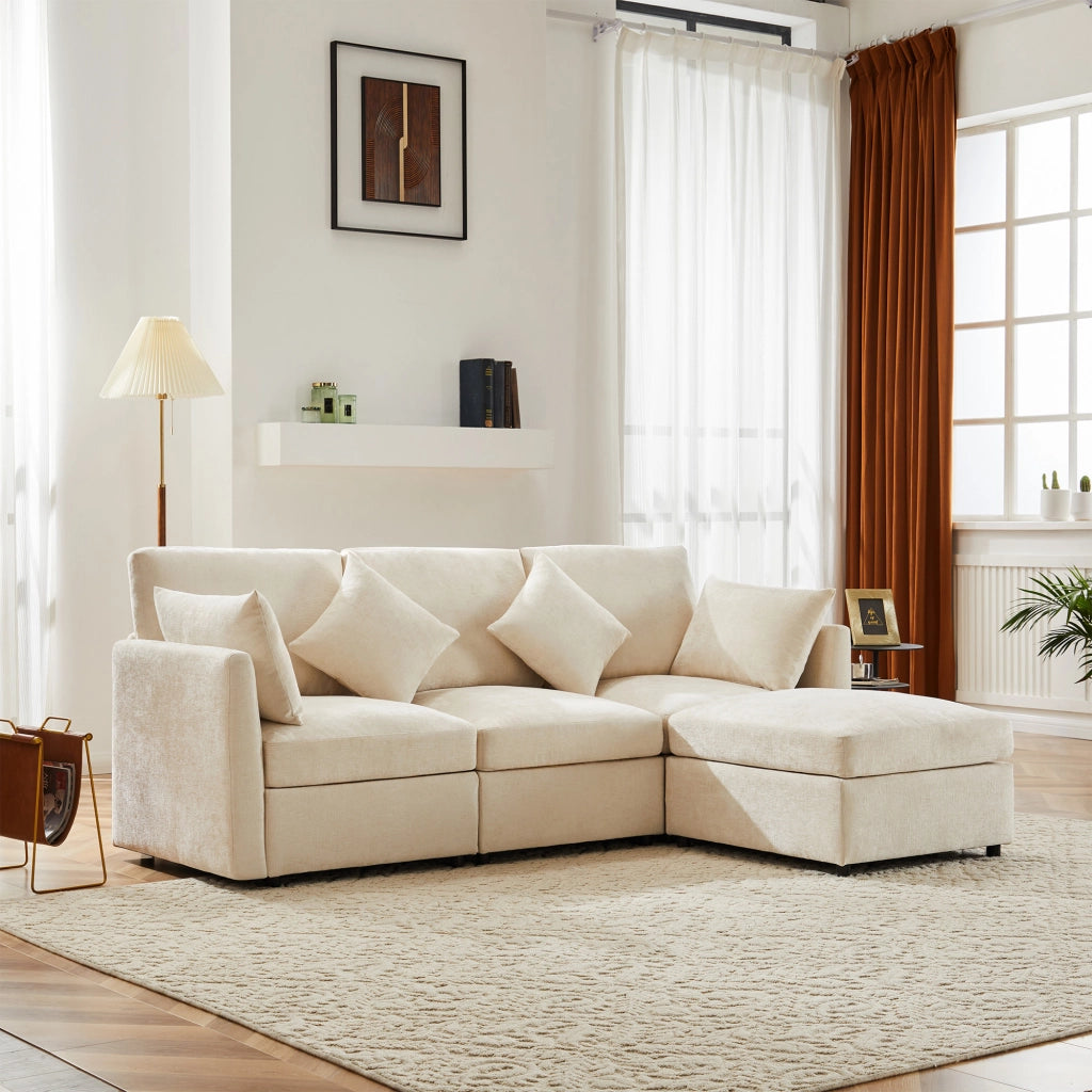 Divano modulare 3 posti con pouf mobile trasformabile a L in chenille beige con 4 cuscini 216 × 161 × 81 cm