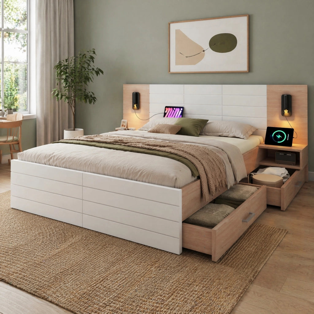 Letto matrimoniale 160 x 200 cm con cassetti, luce orientabile e USB