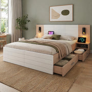 Letto matrimoniale 160 x 200 cm con cassetti, luce orientabile e USB