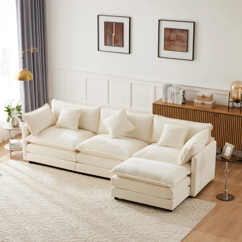 Divano angolare 3 sedili 283 x 147 x 84 cm; forma a L; poggiapiedi; tessuto ciniglia; beige
