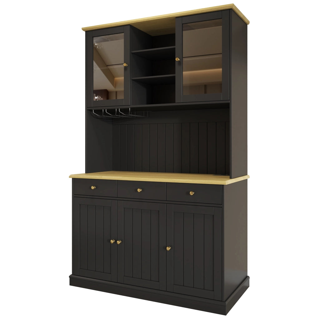 Credenza alta 120x40x191 cm nera – ante vetrate, prese integrate e vani