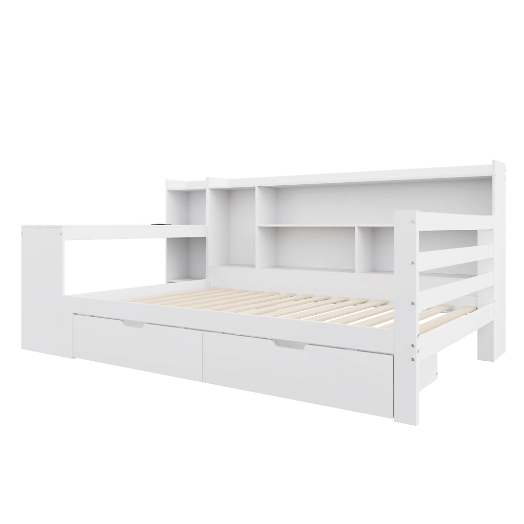 Letto con cassetti 90 × 200 cm con scrivania scaffali prese USB e di corrente rete a doghe in legno bianco