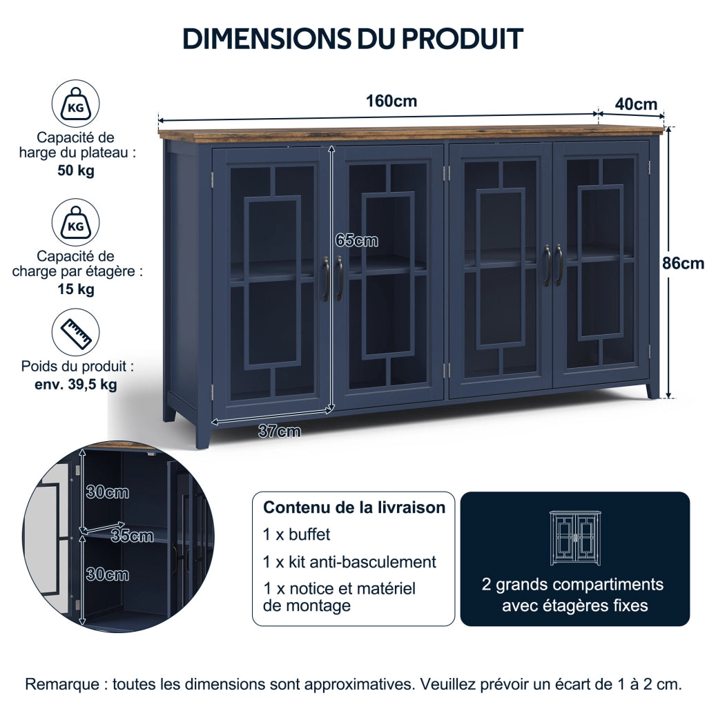 Credenza cucina 160 cm con ante in vetro e piano effetto legno; MDF blu marrone