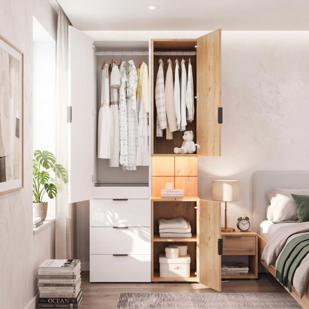 ARMADIO con LED 90x49x200 cm MDF Bianco e Rovere con 4 cassetti