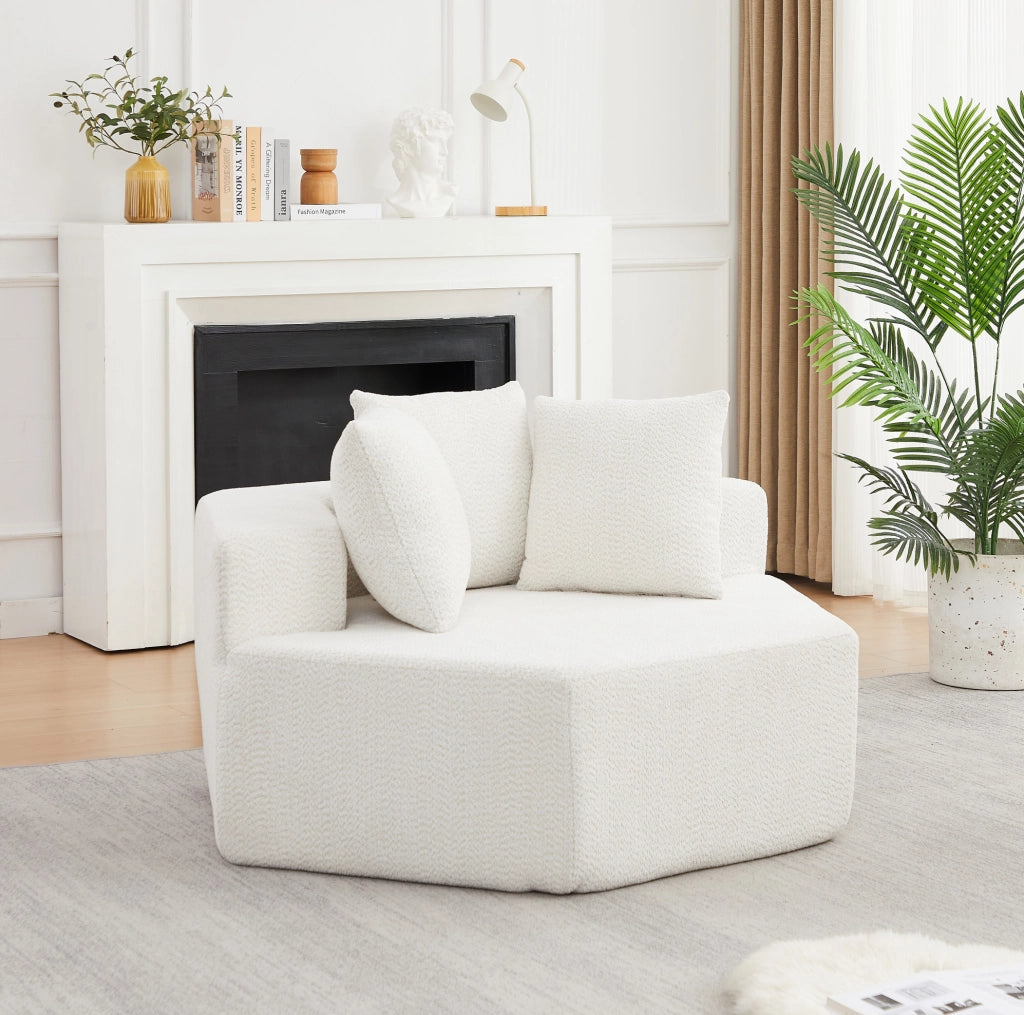Poltrona lounge modulare esagonale in chenille beige con 3 cuscini