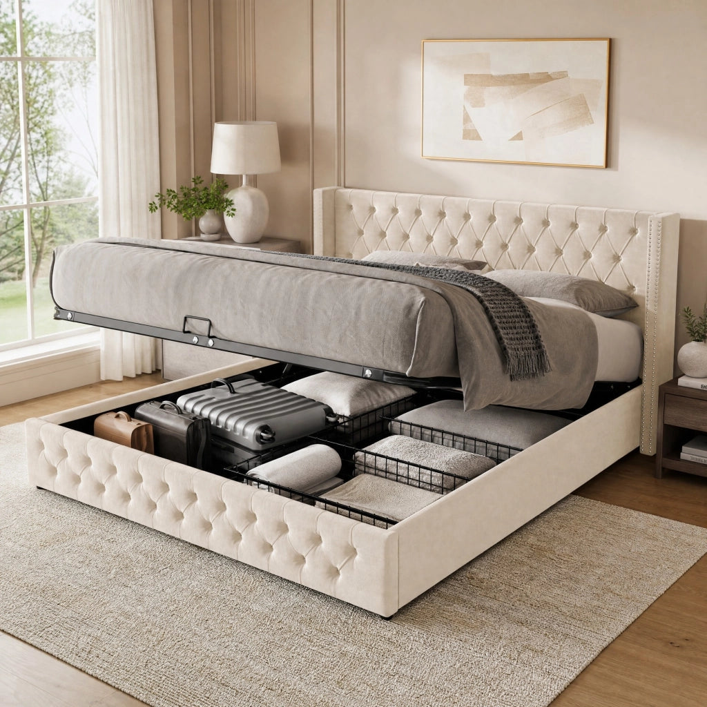 Letto matrimoniale imbottito 180 ¡Á 200 cm contenitore in velluto beige con testiera alta e rete a doghe