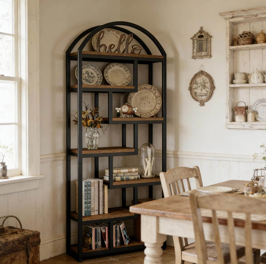 Libreria 80x30x180 cm in MDF e metallo nero, 7 ripiani, salvaspazio