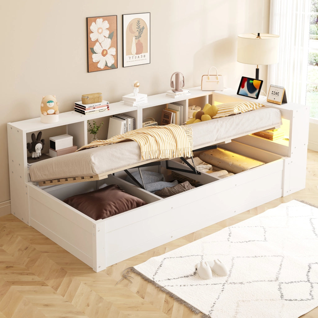 Letto singolo multifunzione 90 × 200 cm con vano contenitore legno bianco presa integrata e luce LED