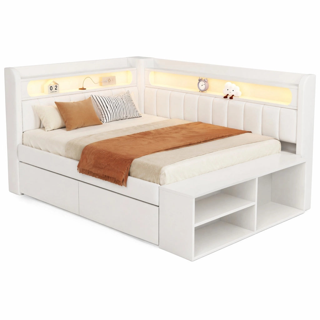 Divano letto imbottito 90x200 cm con LED; USB; due cassetti e scarpiera; bianco