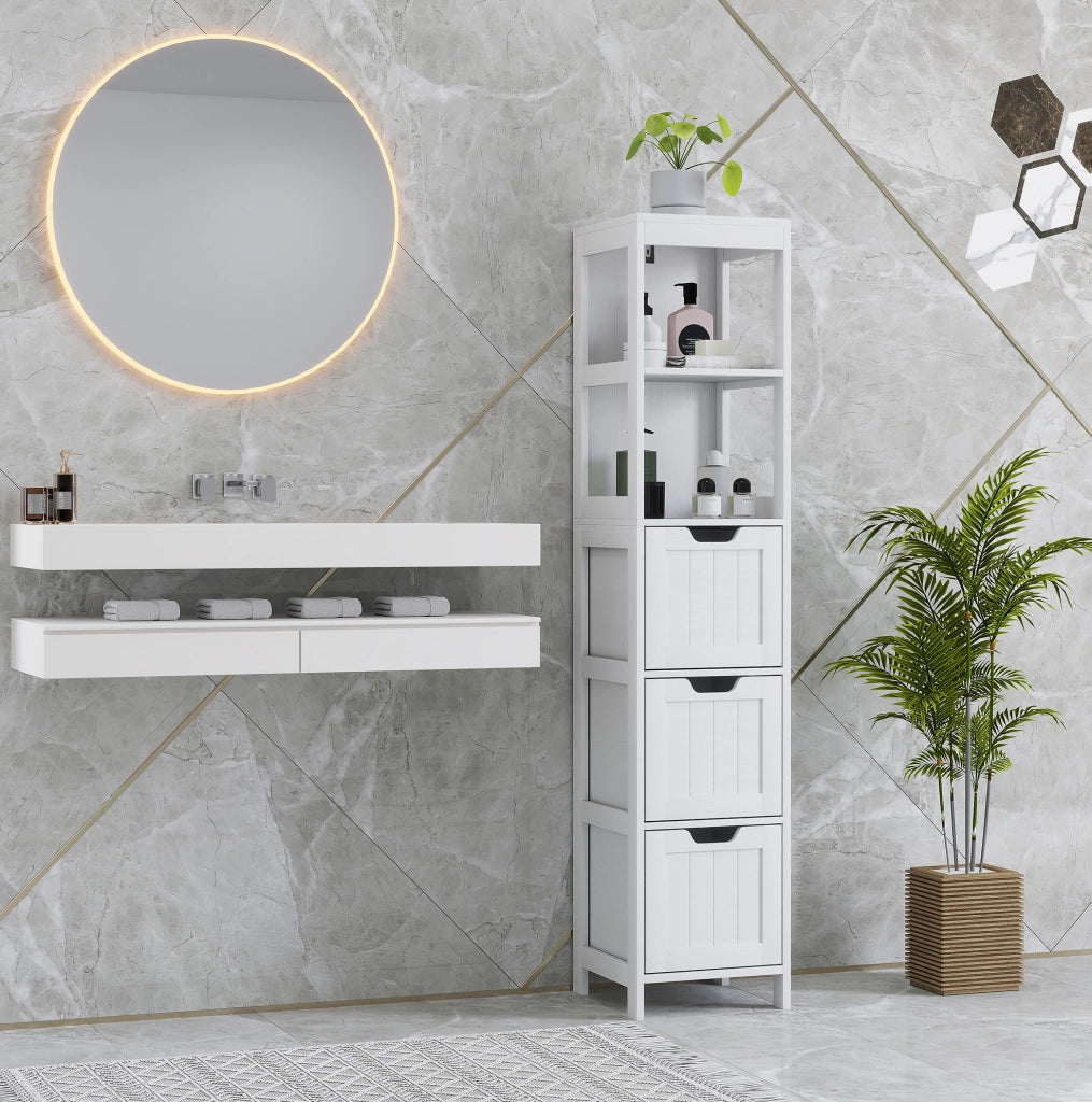 Mobiletto da bagno alto bianco con 3 cassetti e 2 ripiani aperti, 30x30x142,4 cm
