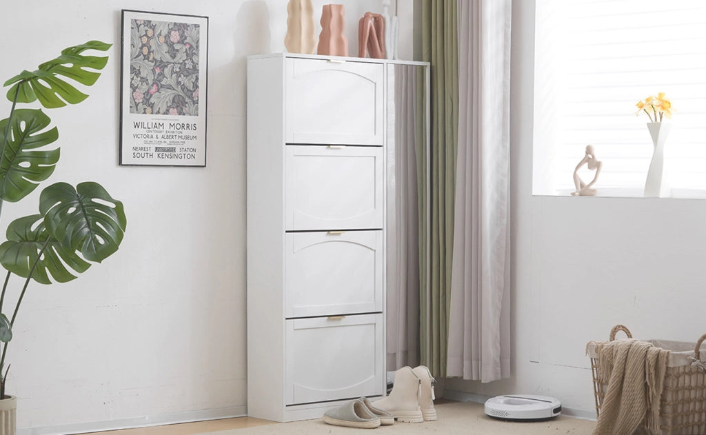 Scarpiera con specchio 80x24x147 cm bianca in truciolare， 4 vani ribaltabili per l'ingresso