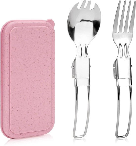 Set di utensili in acciaio inossidabile pieghevole - Scatola di conservazione - Leggero - Accessori da viaggio - Riciclabile - Campeggio - Rosa - Adatto per l'uso in campeggio con scatola di conservazione, set di forchetta e cucchiaio riciclabile