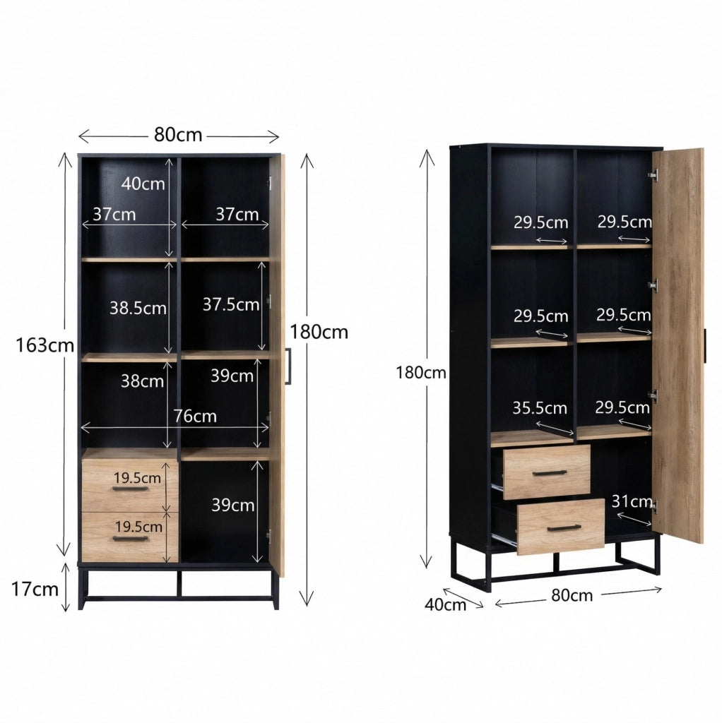Credenza alta 80x40x180 cm con anta, cassetti e vani aperti
