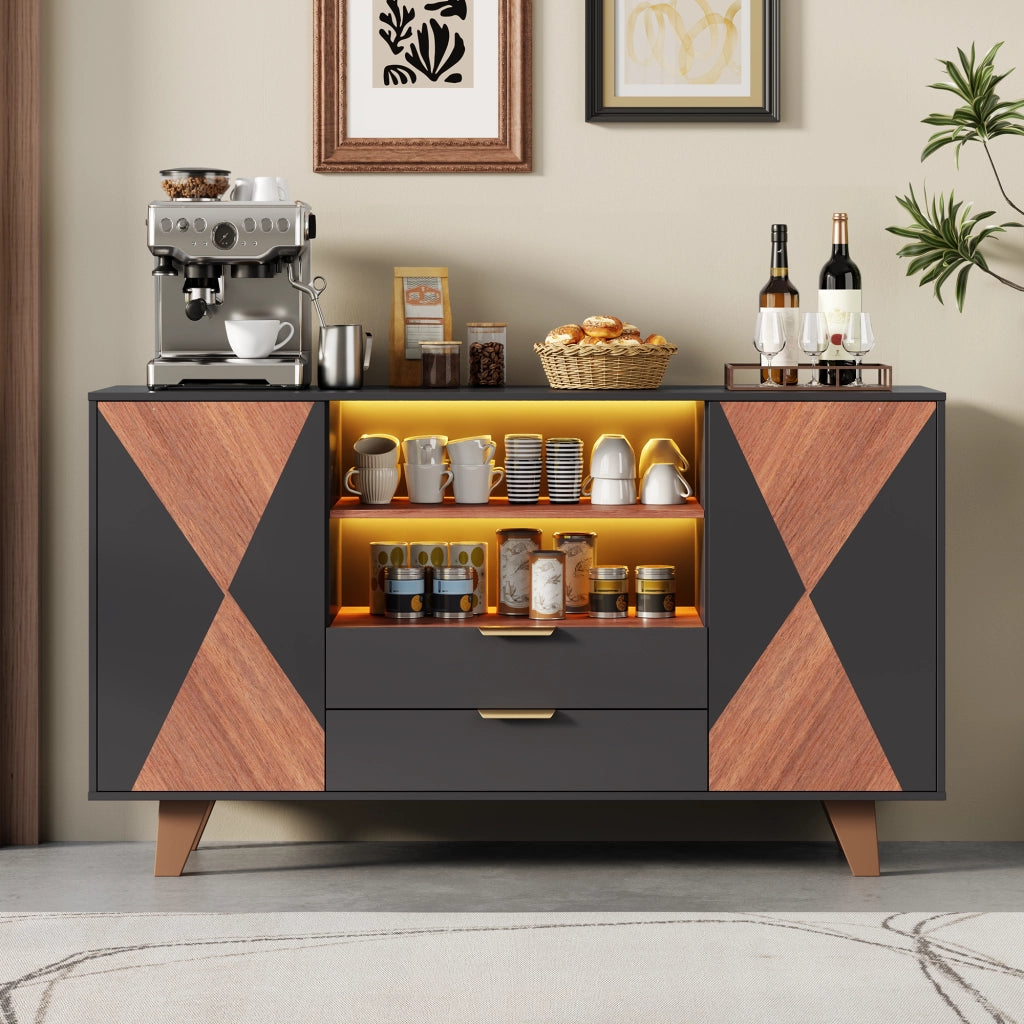 Credenza da cucina LED con 2 cassetti, ripiani regolabili e vani aperti, MDF naturale e nero, 150 × 40 × 90 cm