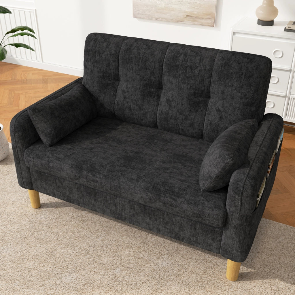 Divano 2 posti 119x78x85 cm in ciniglia grigio con 2 cuscini e tasca laterale