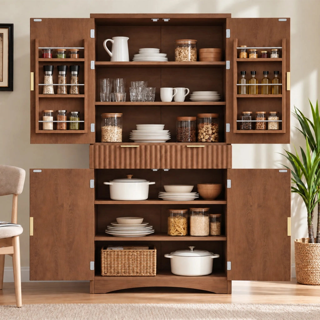 Armadio da cucina e dispensa con ante a griglia, cassetti e ante, colore noce, per cucina e soggiorno