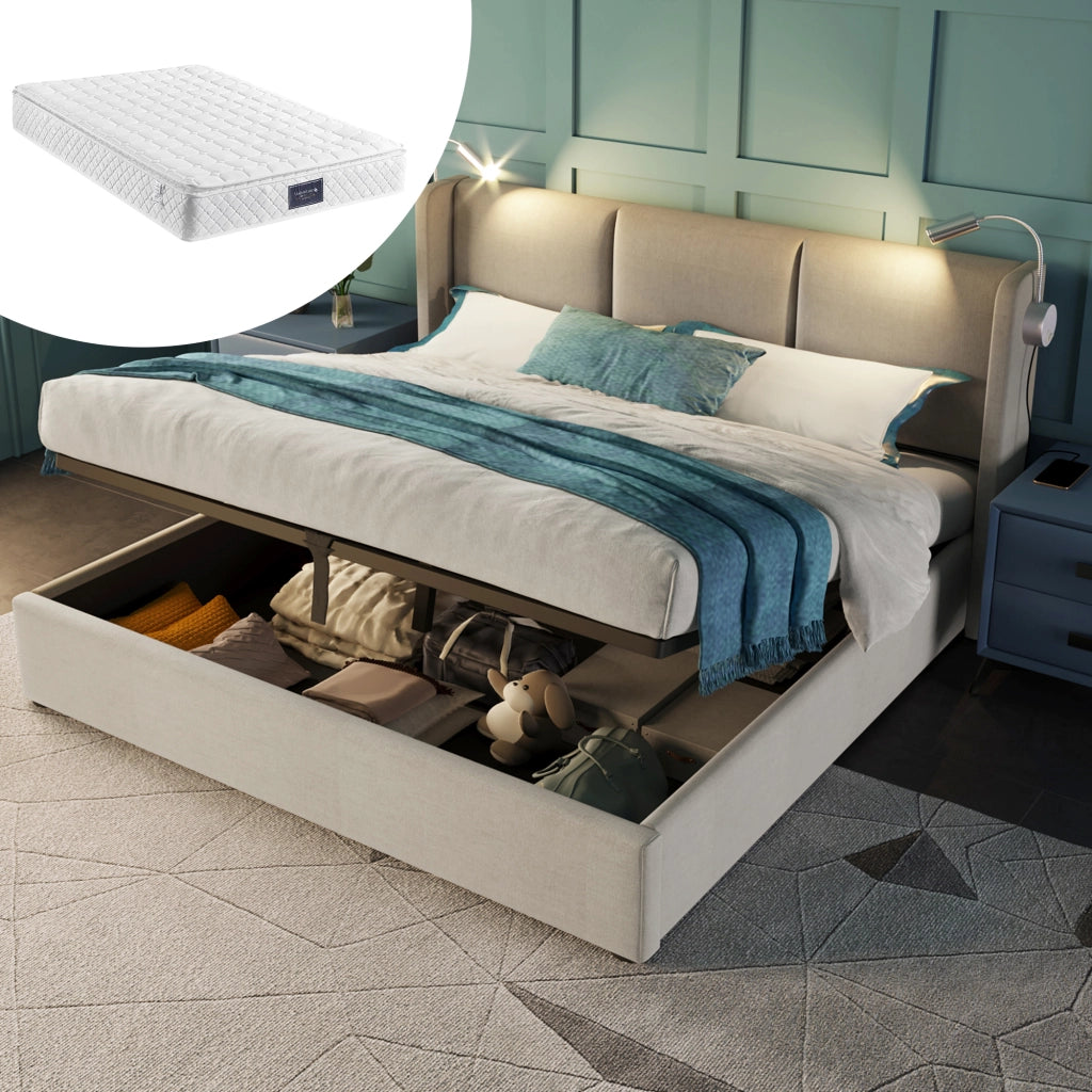 Letto contenitore matrimoniale 160 × 200 cm con lampada da lettura, USB e materasso incluso, beige in lino