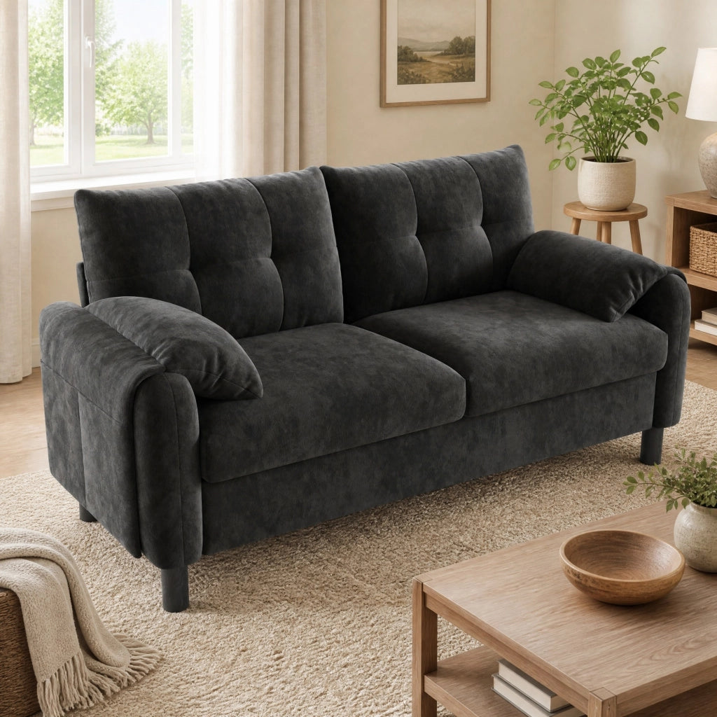 Divano 2 posti in chenille grigio 158 x 80 x 88;5 cm; con tasche laterali e cuscini