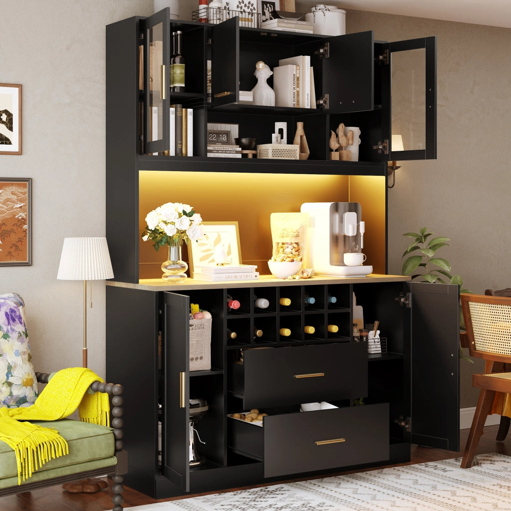 Credenza con sei ante due cassetti portabottiglie LED e prese in MDF nero con maniglie dorate 120 × 36.3 × 180 cm