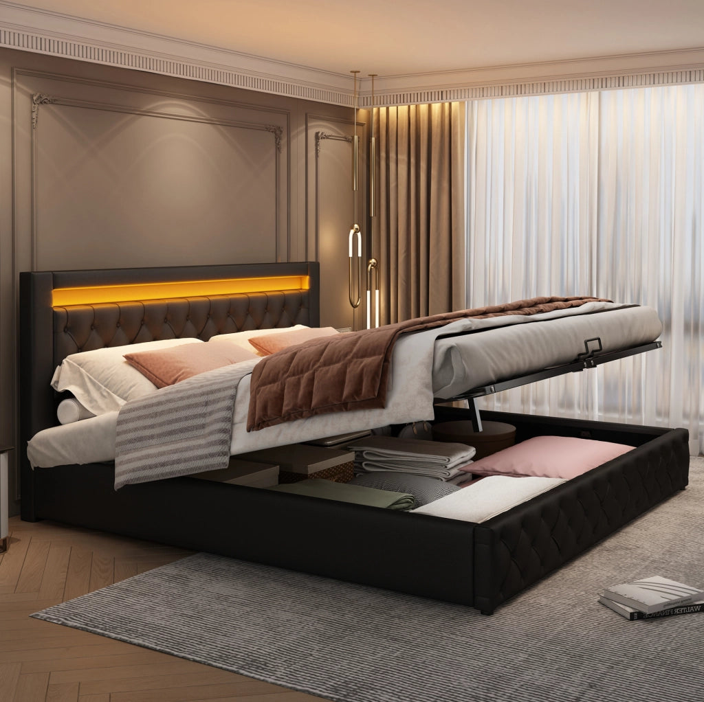 Letto imbottito 160x200 cm con rete, contenitore e LED, nero