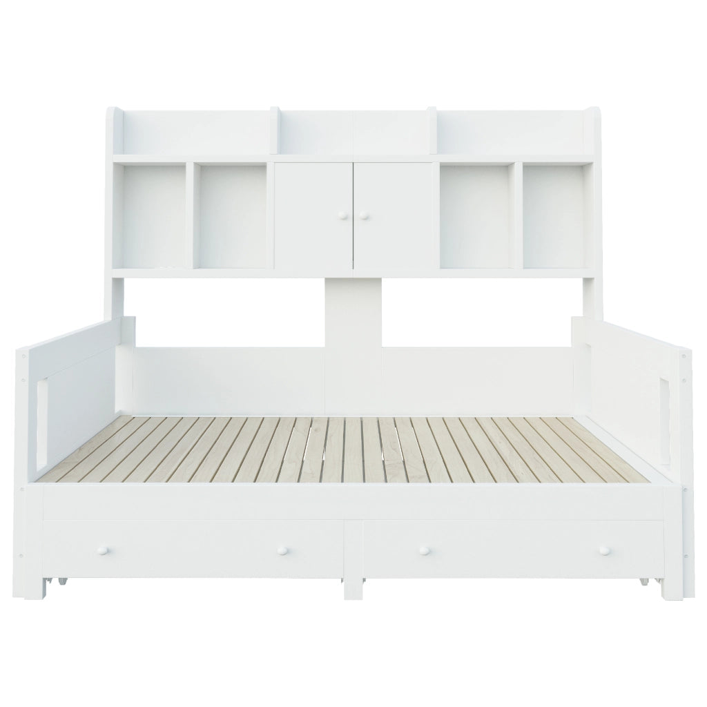Divano Letto Estraibile in Legno 90x190 cm a 180x190 cm con Cassetti; Mensole; Prese e LED Bianco