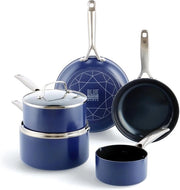 Set di pentole con rivestimento antitraslamento diamantato - 7 pezzi - Blu - Senza PFAS