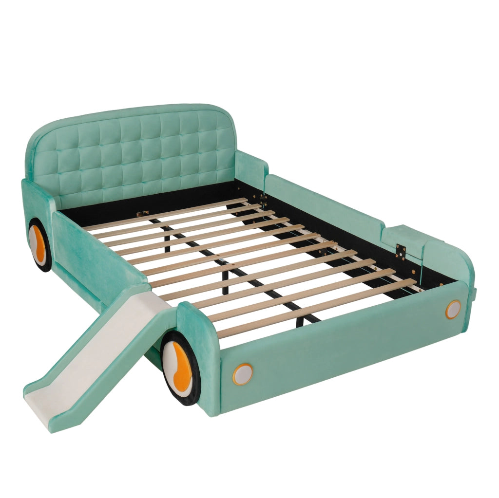 Letto per bambini a forma di auto con scivolo e scala 140x200 cm in velluto blu verde